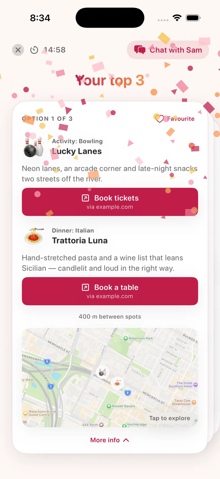 Tink top 3 screen — three date night ideas both people said yes to
