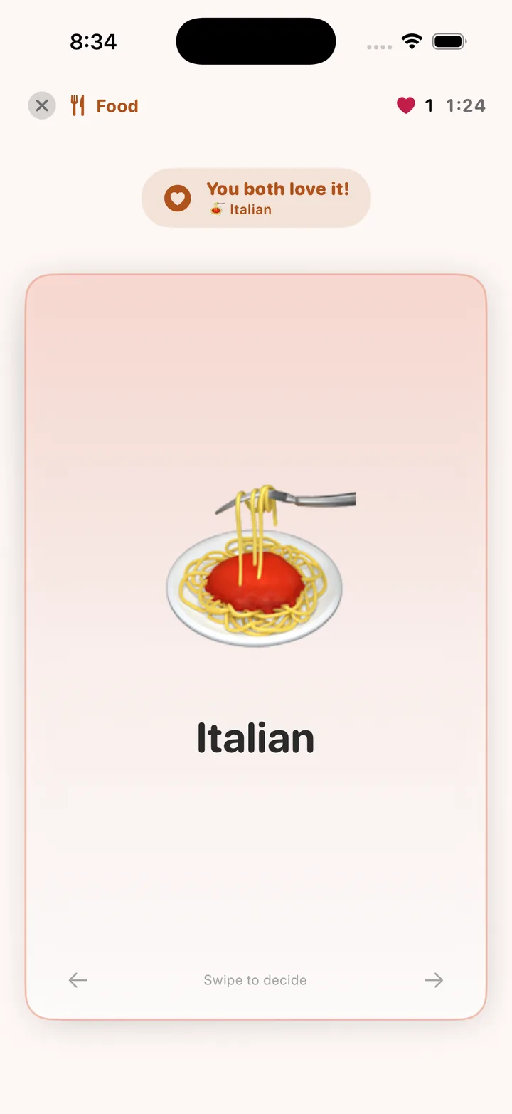 Swiping the Italian card in Tink — match bubble says You both love it